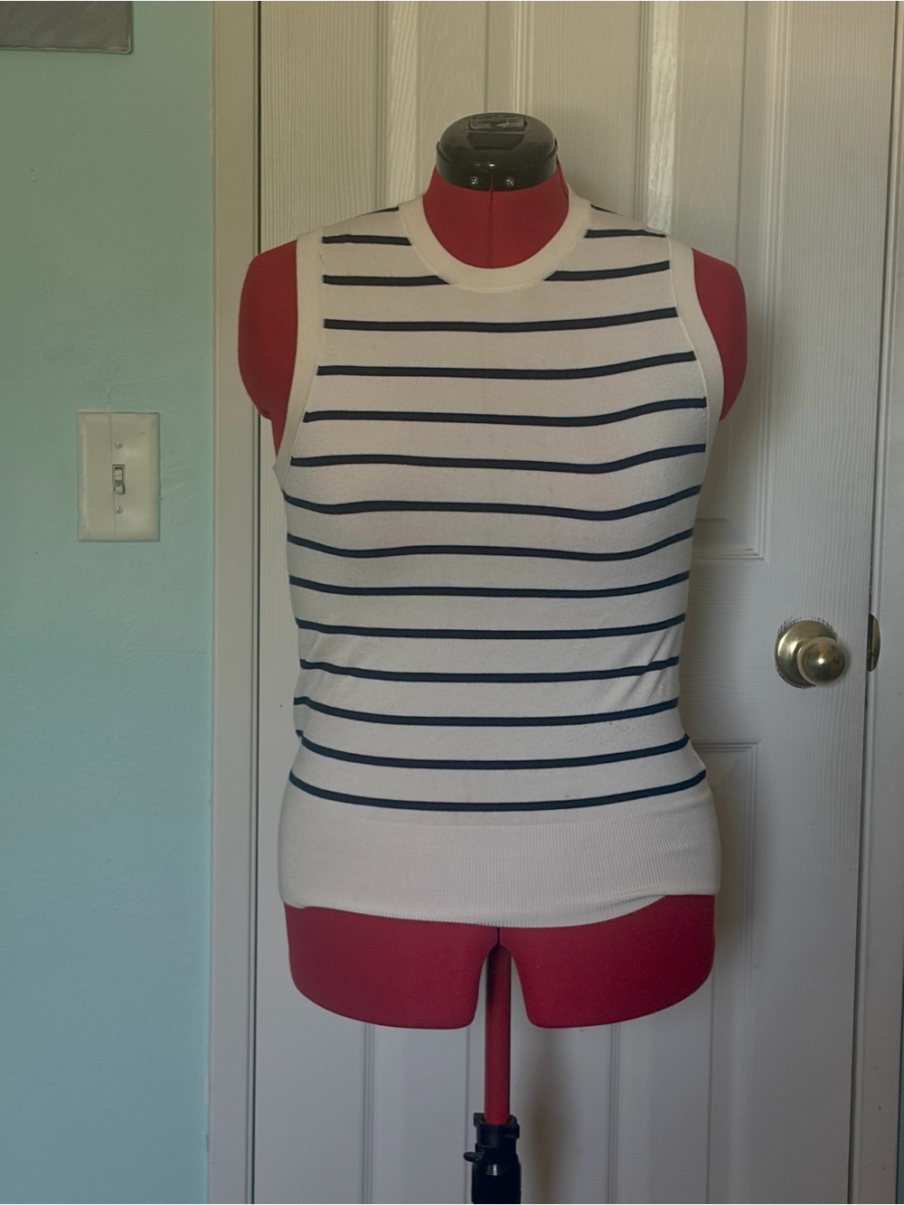 Sleeveless Striped Knit Tank Top - White with Navy Stripes